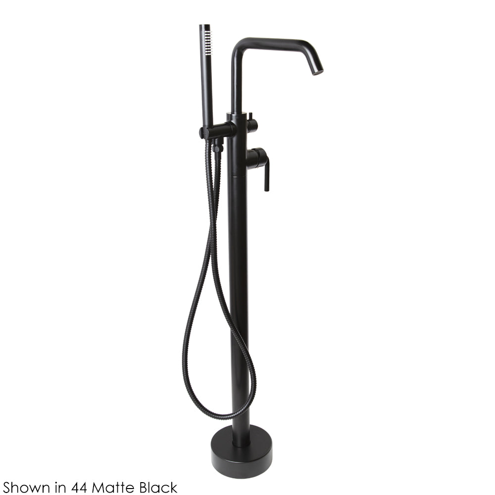Floor-standing tub filler 37 1/4"H with one curved lever handle, square spout, two-way diverter, and hand-held shower with 59" flexible hose. Water flow rate: 7.2 gpm at 60 psi.
