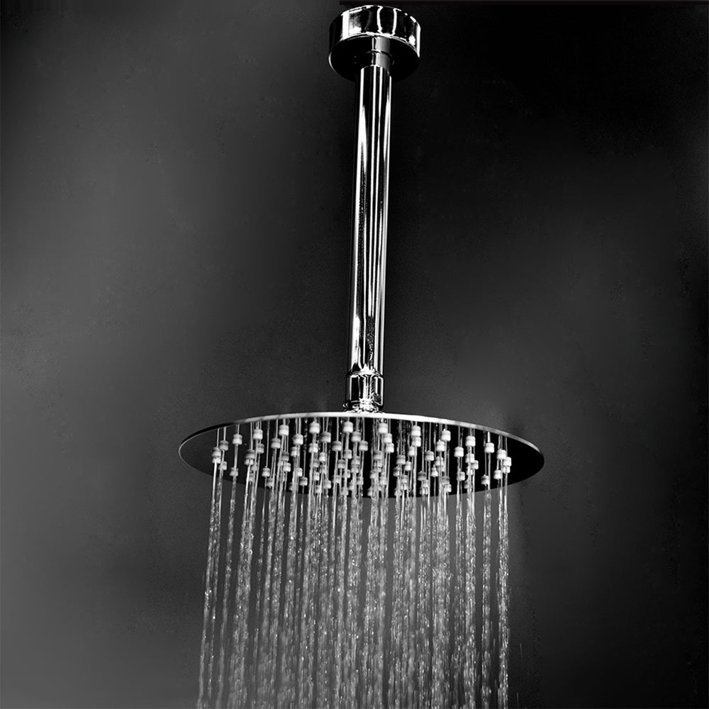 Wall mount or ceiling mount tilting round shower head with ultra thin edge and flow regulator 2.5gal/m, 90 rubber nozzles. Arm and Flange sold separately.