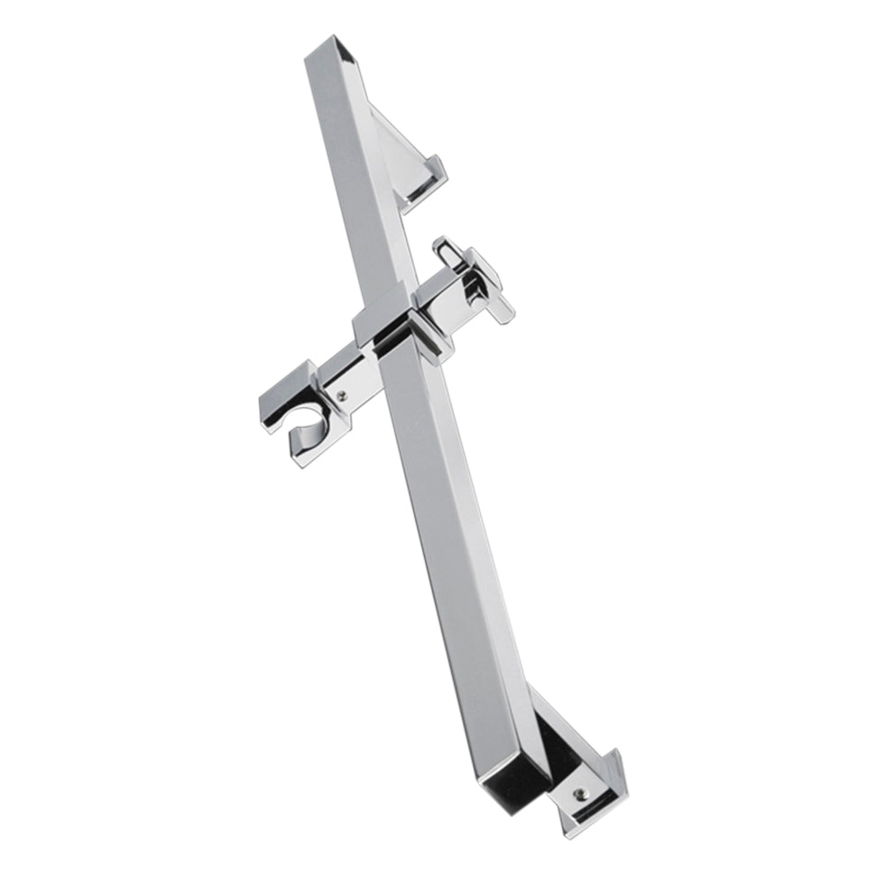 Wall-mount square rail with hook for hand-held shower head.