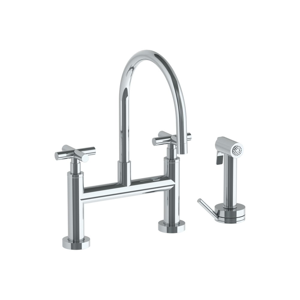 Deck Mounted Bridge Gooseneck Kitchen Faucet With Independent Side Spray