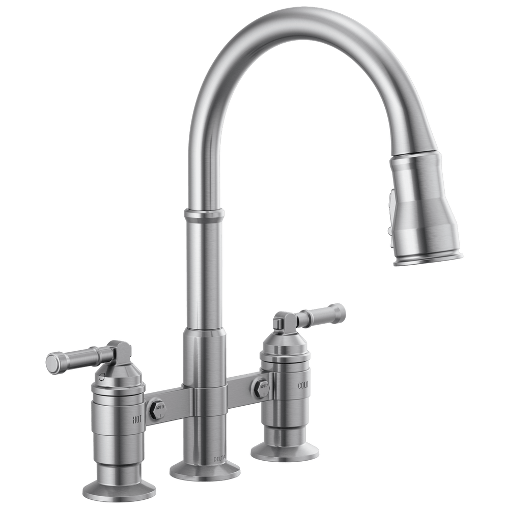 Delta Broderick™: Two Handle Pull-Down Bridge Kitchen Faucet