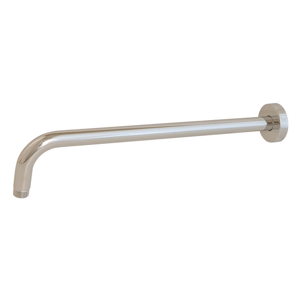 Wall-mounted shower arm with round flange, 16"D 3 3/4"H, shower head sold separately.