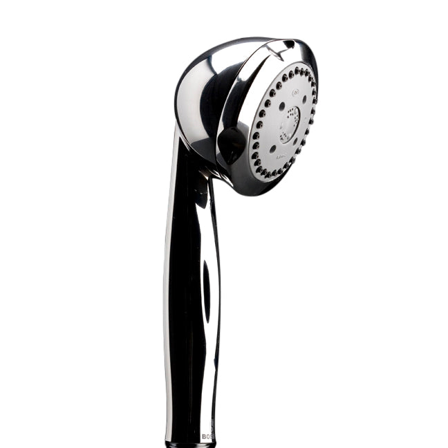 Hand-held round shower head with 59" flexible hose, three jets.DIAM: 3 1/8” H: 8 1/2” - Maison&Co.