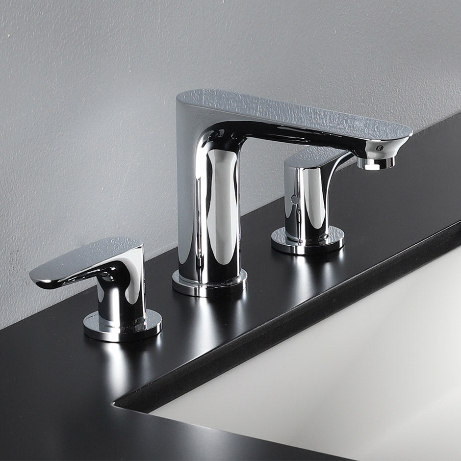 Deck-mount three-hole faucet with two lever handles. Water flow rate: 1.2GPM pressure compensating aerator. H: 5", SPOUT: 5 1/8".