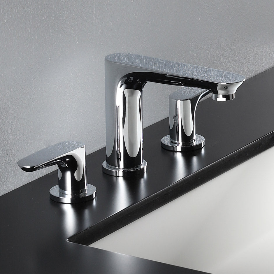 Deck-mount three-hole faucet with two lever handles. Water flow rate: 1.2GPM pressure compensating aerator. H: 5", SPOUT: 5 1/8". - Maison&Co.