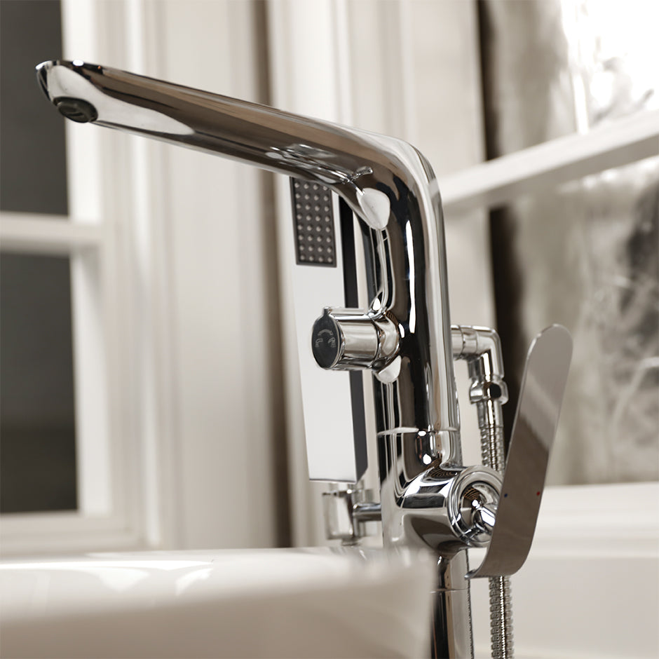 Floor-standing single-hole tub filler with single lever handle, two-way diverter, and hand-held shower with 59-inch flexible hose. Water flow rate: max. 5.9GPM at 80 psi. SPOUT: 8 3/8", H: 33 7/8".