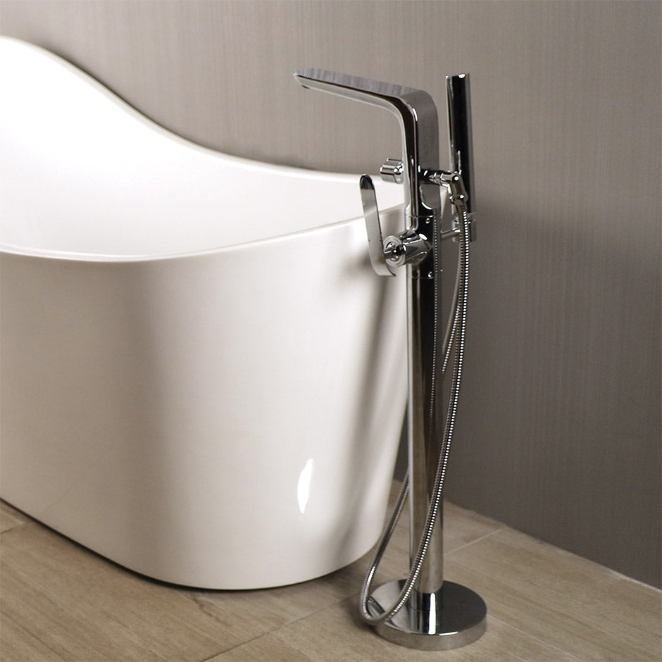 Floor-standing single-hole tub filler with single lever handle, two-way diverter, and hand-held shower with 59-inch flexible hose. Water flow rate: max. 5.9GPM at 80 psi. SPOUT: 8 3/8", H: 33 7/8".