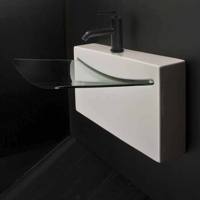 Wall-mount porcelain and glass Bathroom Sink with no faucet hole, no overflow. Concealed drain and trap are included. Low-flow faucets with aerator are recommended to prevent splashing. Unfinished back.27 3/4"W, 21 3/4"D, 6 3/4"H