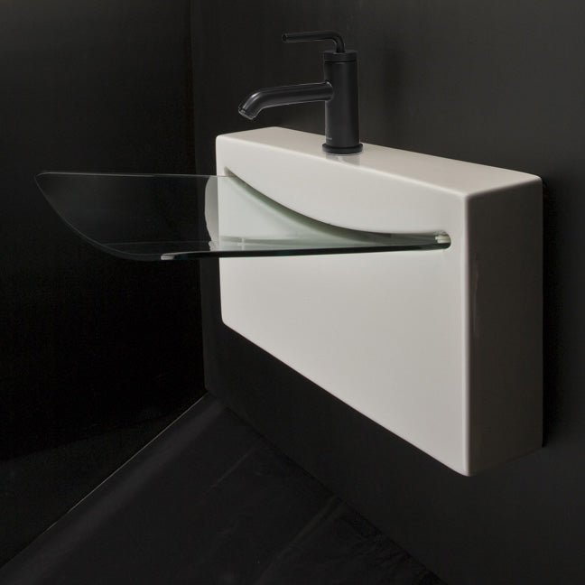 Wall-mount porcelain and glass Bathroom Sink with no faucet hole, no overflow. Concealed drain and trap are included. Low-flow faucets with aerator are recommended to prevent splashing. Unfinished back.27 3/4"W, 21 3/4"D, 6 3/4"H - Maison&Co.