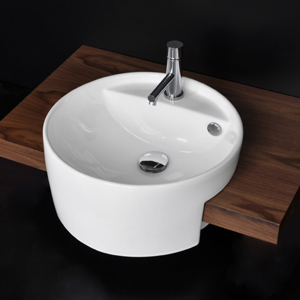 Semi-recessed porcelain Bathroom Sink with one faucet hole and overflow, 17"DIAM, 7"H