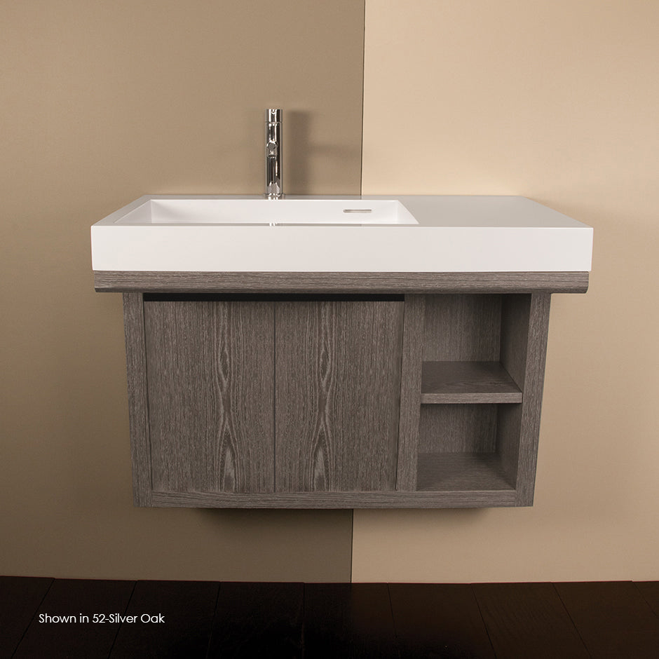 Wall-mounted under-counter vanity with two sliding doors, two open cubbies on the right, and accent light. W: 32", D: 18", H: 22" - Maison&Co.