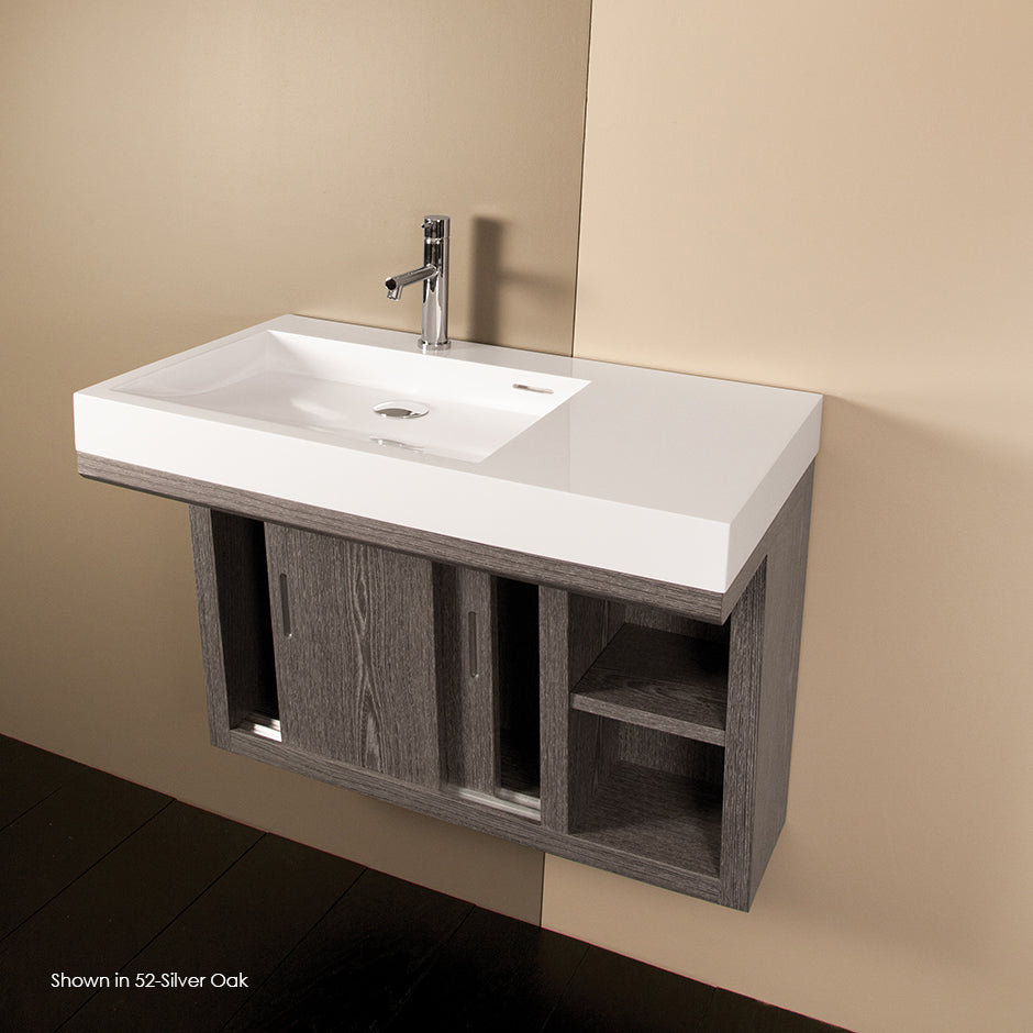 Wall-mounted under-counter vanity with two sliding doors, two open cubbies on the right, and accent light. W: 32", D: 18", H: 22" - Maison&Co.