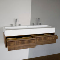 Wall-mount under-counter vanity with finger pulls on two drawers, both drawers have Ushaped
notch for plumbing. W: 48 1/8”, D: 15 1/4", H: 12". 
D: 15 1/4” H: 12” Washbasin #5104 sold separately. - Maison&Co.