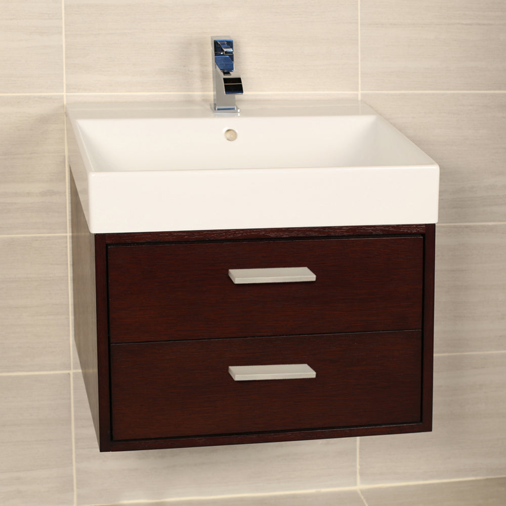 Wall-mount under-counter vanity with two push-open drawers adorned with metal inserts and equipped with drawer organizers. It can be installed with sink #5231 or #5211. 23 1/8" W, 17 3/4" D, 15 7/8" H. - Maison&Co.