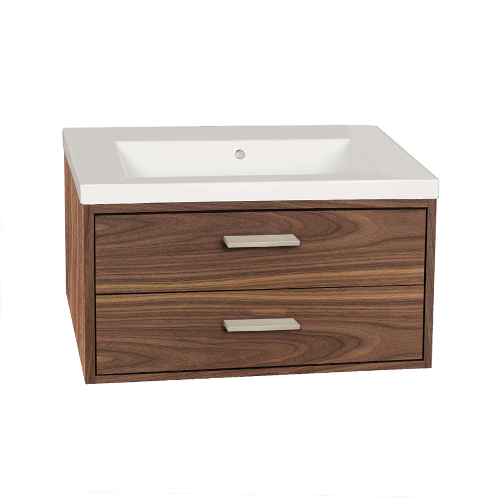 Wall-mount under-counter vanity with two push-open drawers adorned with metal inserts and equipped with drawer organizers. It can be installed with sink #5232 or #5212.  W: 31", D: 17 3/4", H: 15 7/8". - Maison&Co.