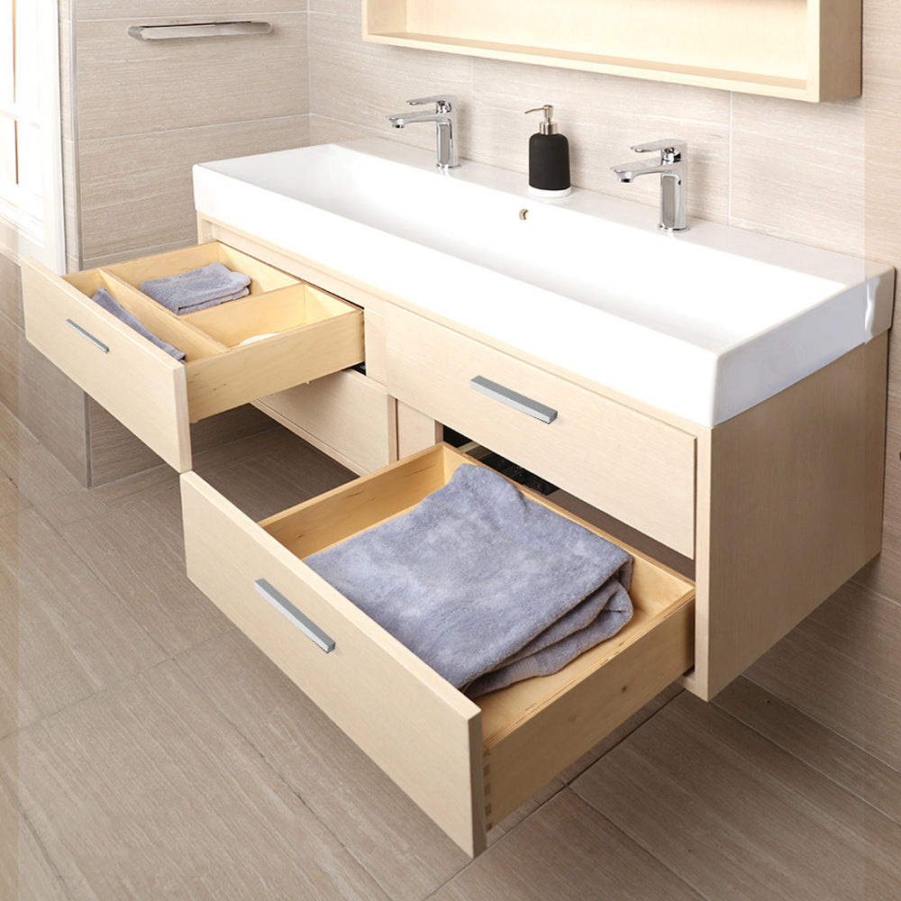 Wall-mount under-counter vanity with four push-open drawers adorned with metal inserts and equipped with drawer organizers. It can be installed with sink #5233 or #5213. 38 7/8" W, 17 3/4" D, 15 7/8" H. - Maison&Co.