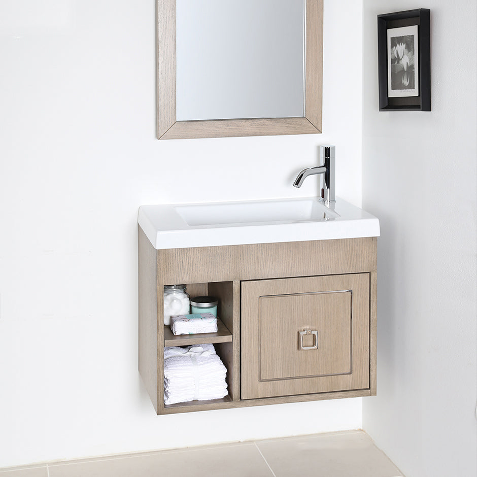 Wall-mount under-counter vanity with open cubby on the left with adjustable shelf, and one door with optional metal inlay installed on the right. Bathroom Sink 5272 sold separately. W: 23 1/4", D: 13 5/8", H: 18". - Maison&Co.