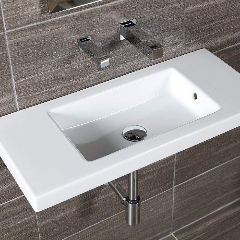 Wall-mount, vanity top or self-rimming porcelain Bathroom Sink with an overflow. One faucet hole on either left side or right side.  W:31 5/8", D: 13 7/8", H: 5 3/4". - Maison&Co.