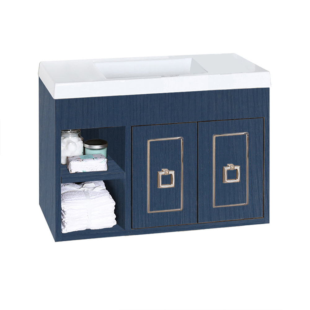 Wall-mount under-counter vanity with open cubby on the left with adjustable shelf, and two doors with optional metal inlay installed on the right. Bathroom Sink 5272 sold separately. W: 31", D: 13 5/8", H: 18". - Maison&Co.