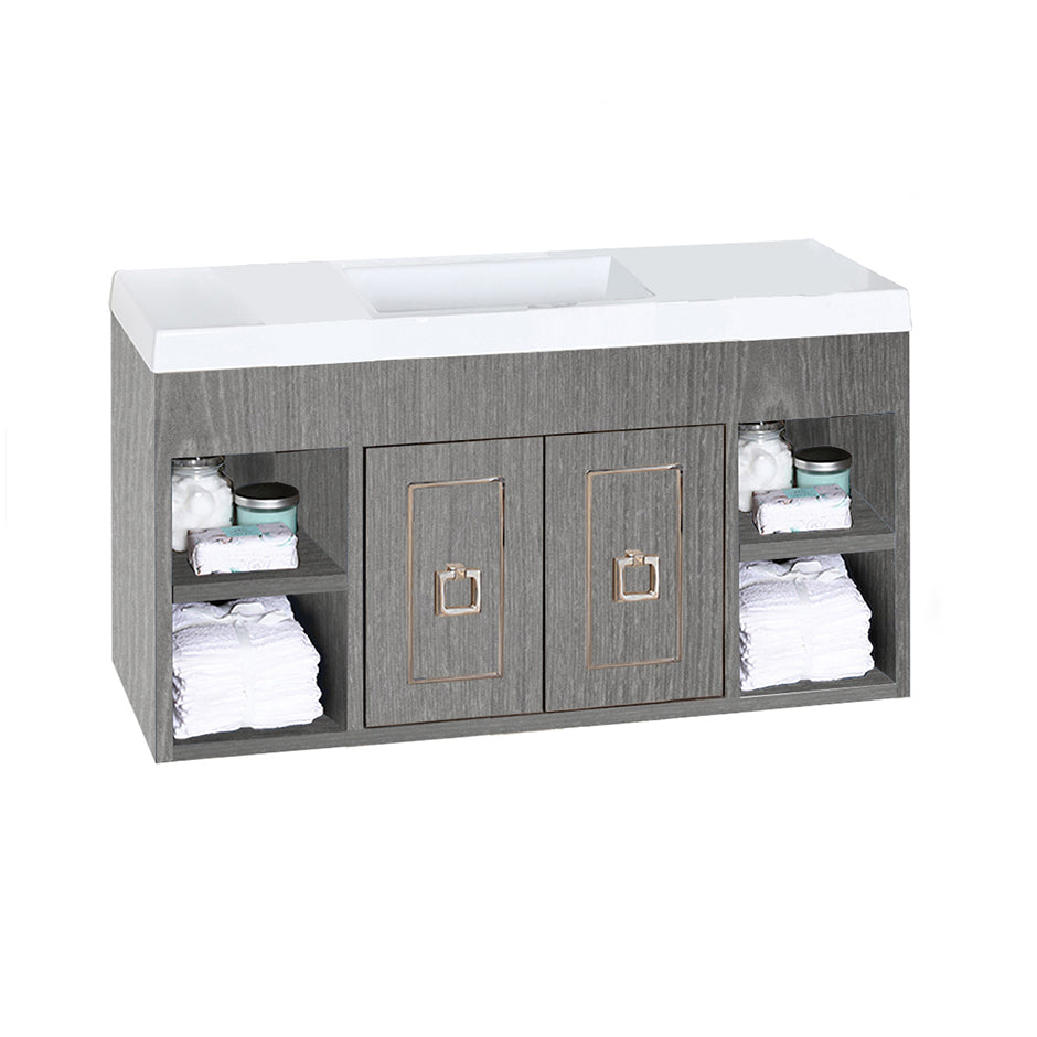 Wall-mount under-counter vanity with open cubby on both sides  with an adjustable shelf, and two doors with optional metal inlay installed on the center.  Bathroom Sink 5274 sold separately. W: 38 7/8", D: 13 5/8", H: 18". - Maison&Co.