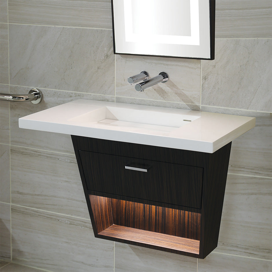 Wall mount under counter vanity with open cubby fill open door, LED lights, and polished chrome pull.  W: 25 3/4", D:10", H: 20 1/4" ADA compliant - Maison&Co.