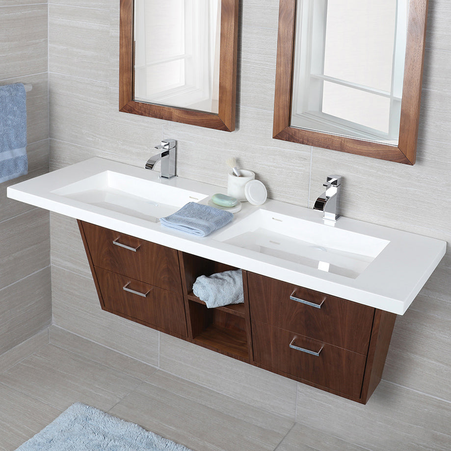 Wall mount under counter vanity with two open cubbies, four flip open doors, LED light, and polished chrome pulls. W:47 3/4", D:10", H: 20 1/4". ADA compliant. - Maison&Co.