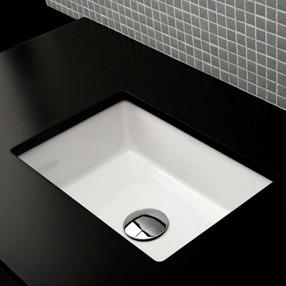 Under-counter porcelain Bathroom Sink with an overflow, unglazed exterior. 17"W, 12"D, 5 7/8"H  .