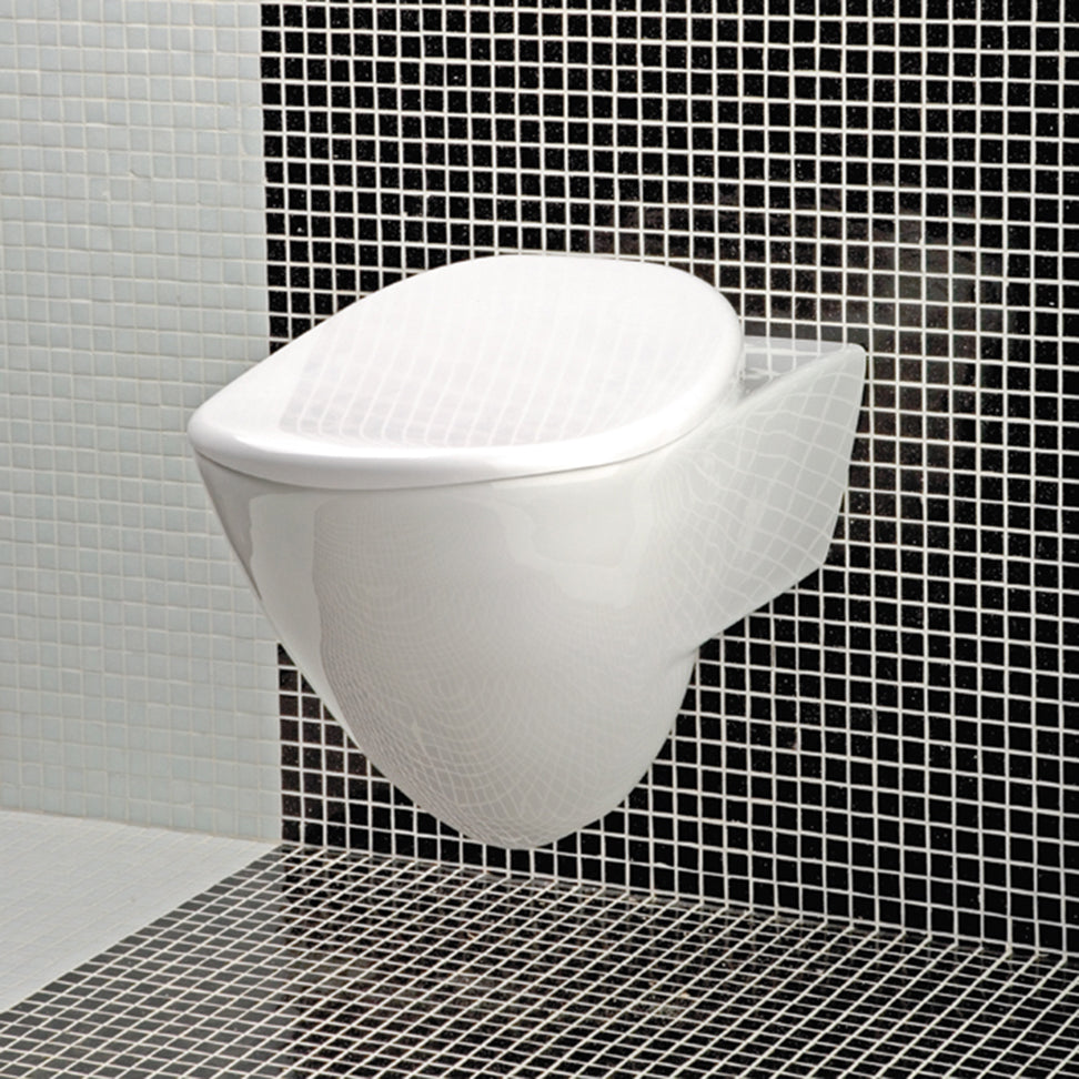 Wall-hung porcelain toilet for concealed flushing system, includes a seat cover.W: 14 3/4”
D: 21 5/8” H: 13 3/4”. - Maison&Co.