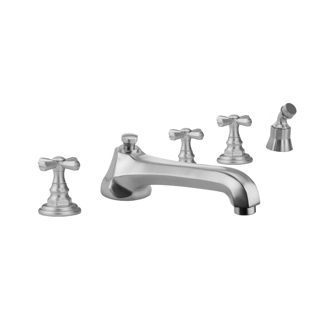 Westfield Roman Tub Set with Low Spout and Hex Cross Handles and Angled Handshower Mount in Multiple Finishes