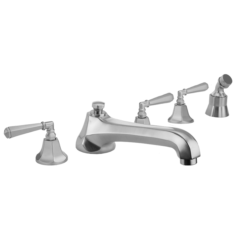 Astor Roman Tub Set with Low Spout and Hex Lever Handles and Angled Handshower Mount in Multiple Finishes