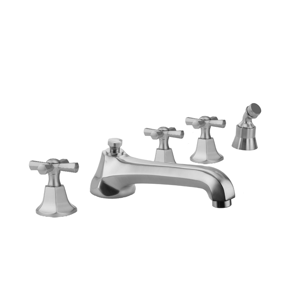 Astor Roman Tub Set with Low Spout and Hex Cross Handles and Angled Handshower Mount in Multiple Finishes