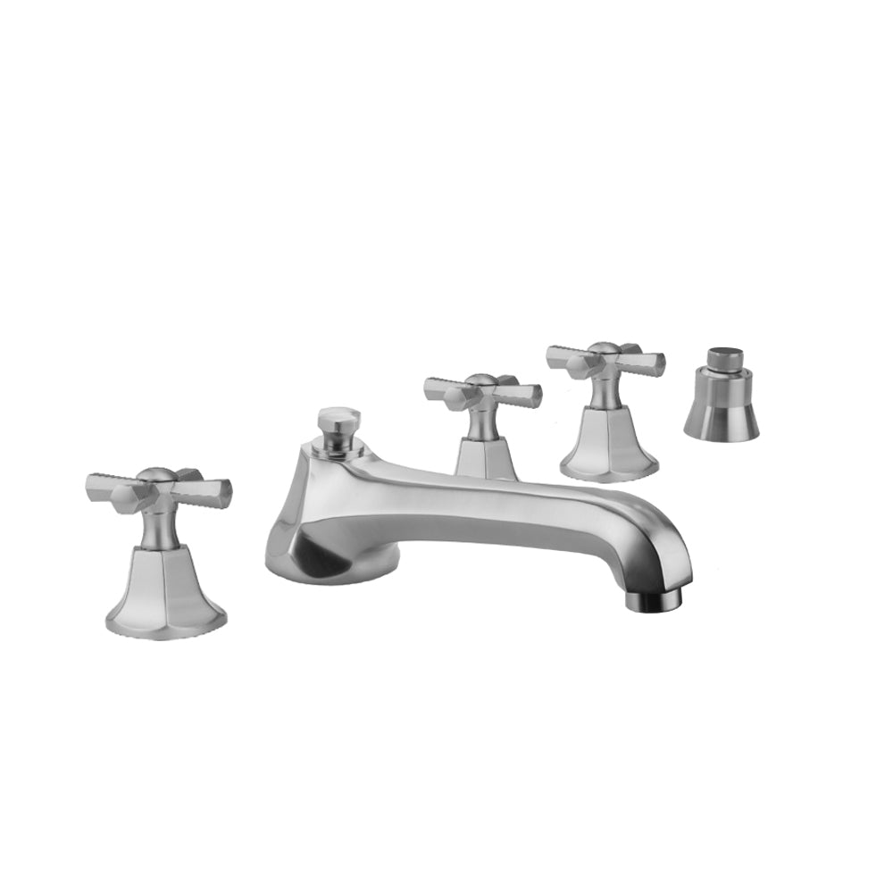 Astor Roman Tub Set with Low Spout and Hex Cross Handles and Straight Handshower Mount in Multiple Finishes