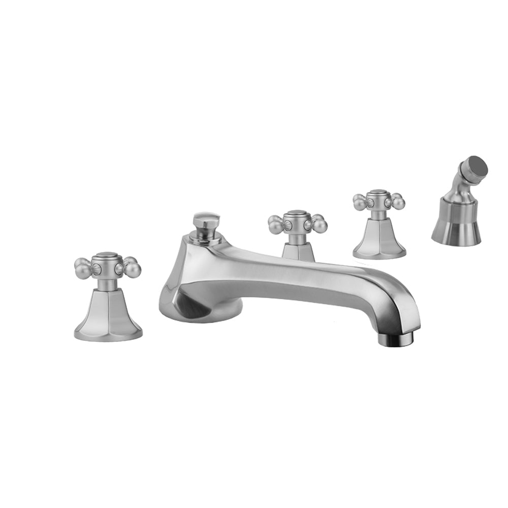 Astor Roman Tub Set with Low Spout and Ball Cross Handles and Angled Handshower Mount in Multiple Finishes