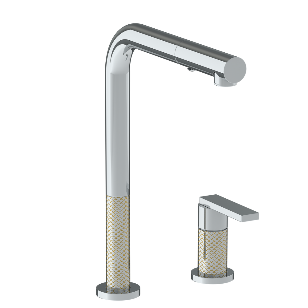 Deck Mounted 2 Hole Square Top Kitchen Faucet with Pull Out Spray