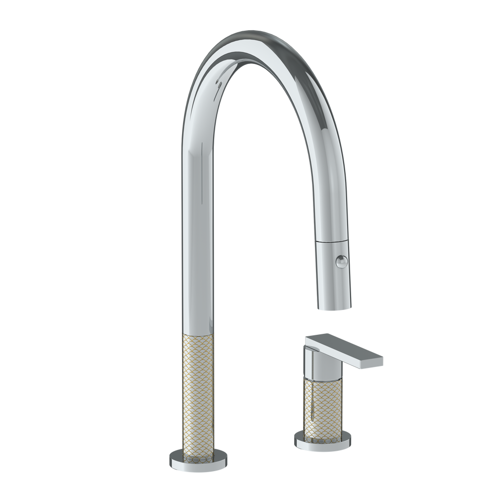 Deck Mounted 2 Hole Gooseneck Kitchen Faucet with Pull Down Spray
