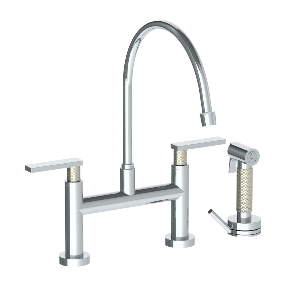 Deck Mounted Bridge Extended Gooseneck Kitchen Faucet with Independent Side Spray