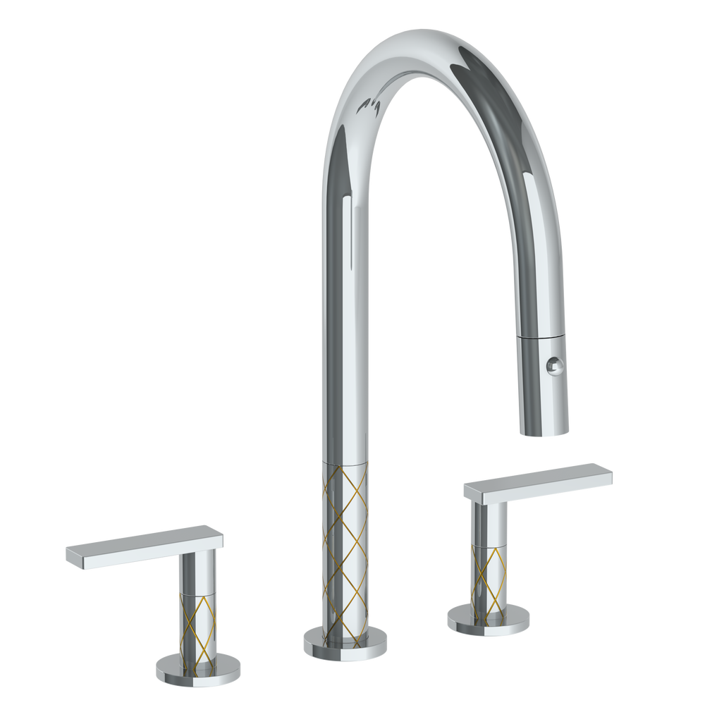 Deck Mounted 3 Hole Gooseneck Kitchen Faucet with Pull Down Spray