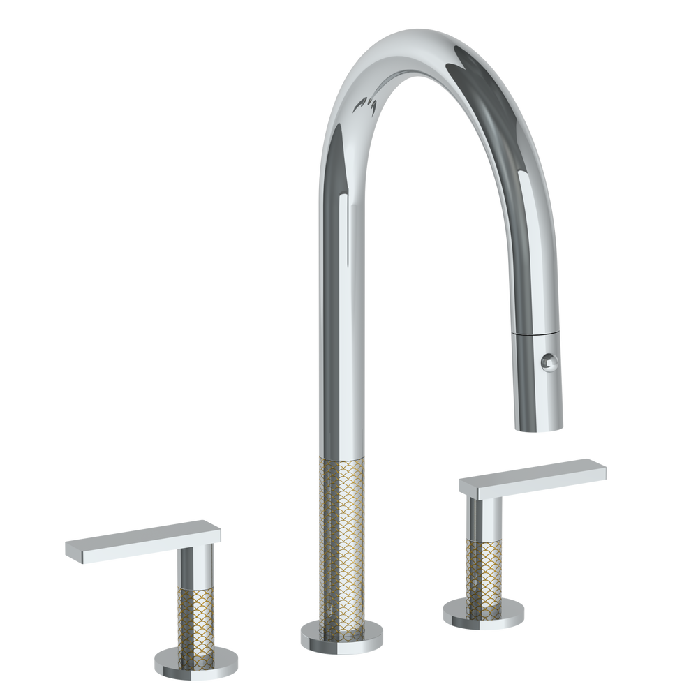 Deck Mounted 3 Hole Gooseneck Kitchen Faucet with Pull Down Spray