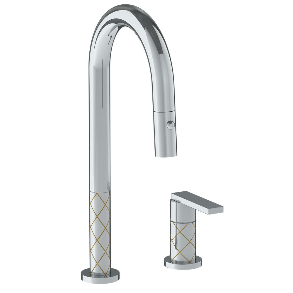 Deck Mounted 2 Hole Gooseneck Prep Faucet with Pull Down Spray