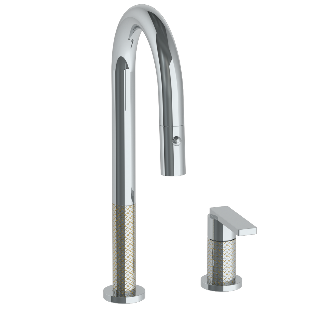Deck Mounted 2 Hole Gooseneck Prep Faucet with Pull Down Spray