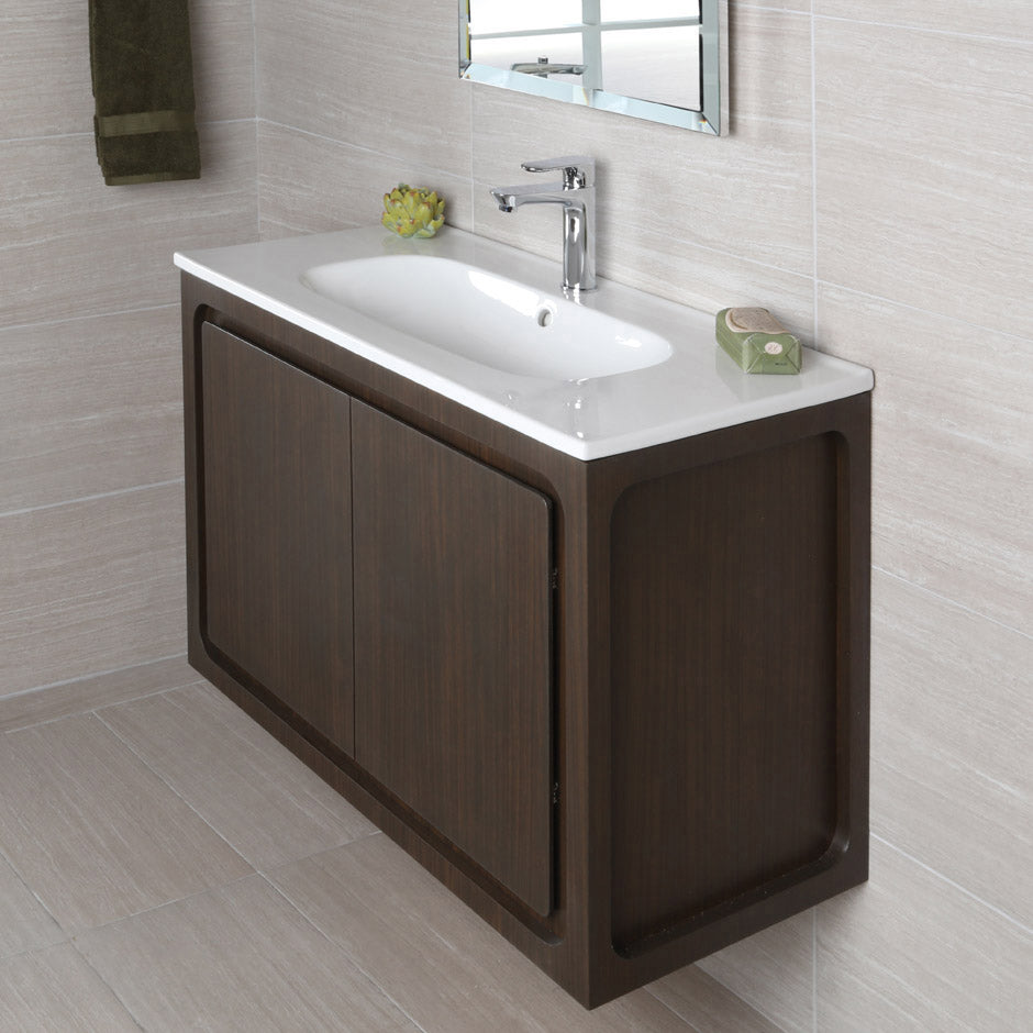 Wall-mount under-counter vanity with pull out bottom behind two finger pull doors.  W:31 1/2", D: 17 5/8", H: 22". - Maison&Co.