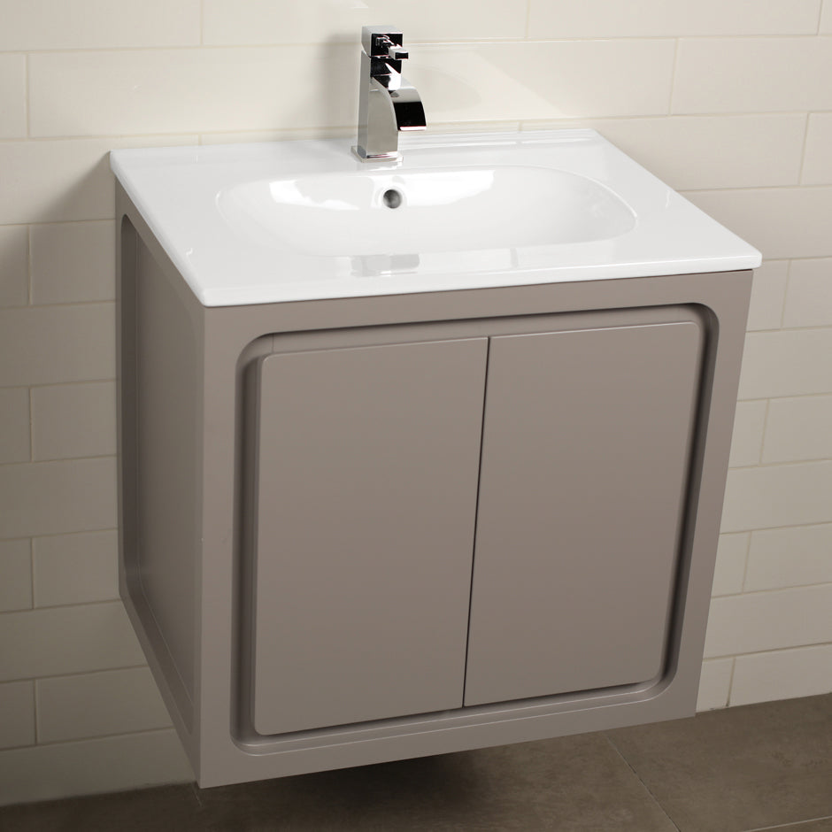 Wall-mount under-counter vanity with pull out bottom behind two finger pull doors.  W:23 1/2", D: 17 5/8", H: 22". - Maison&Co.