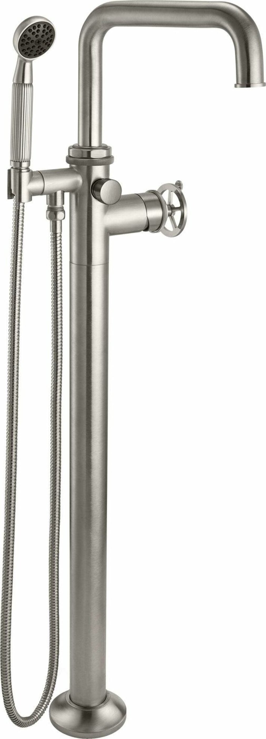 California Faucets - 8511W.20-SN - Single Hole Floor Mount Tub Filler- Wheel Handles - Satin Nickel  - Steampunk Bay