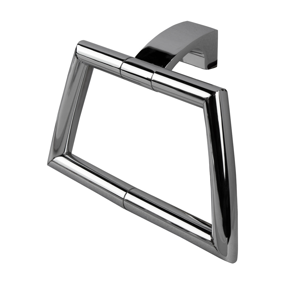 Wall-mount towel ring made of chrome plated brass. W: 8 3/4”
