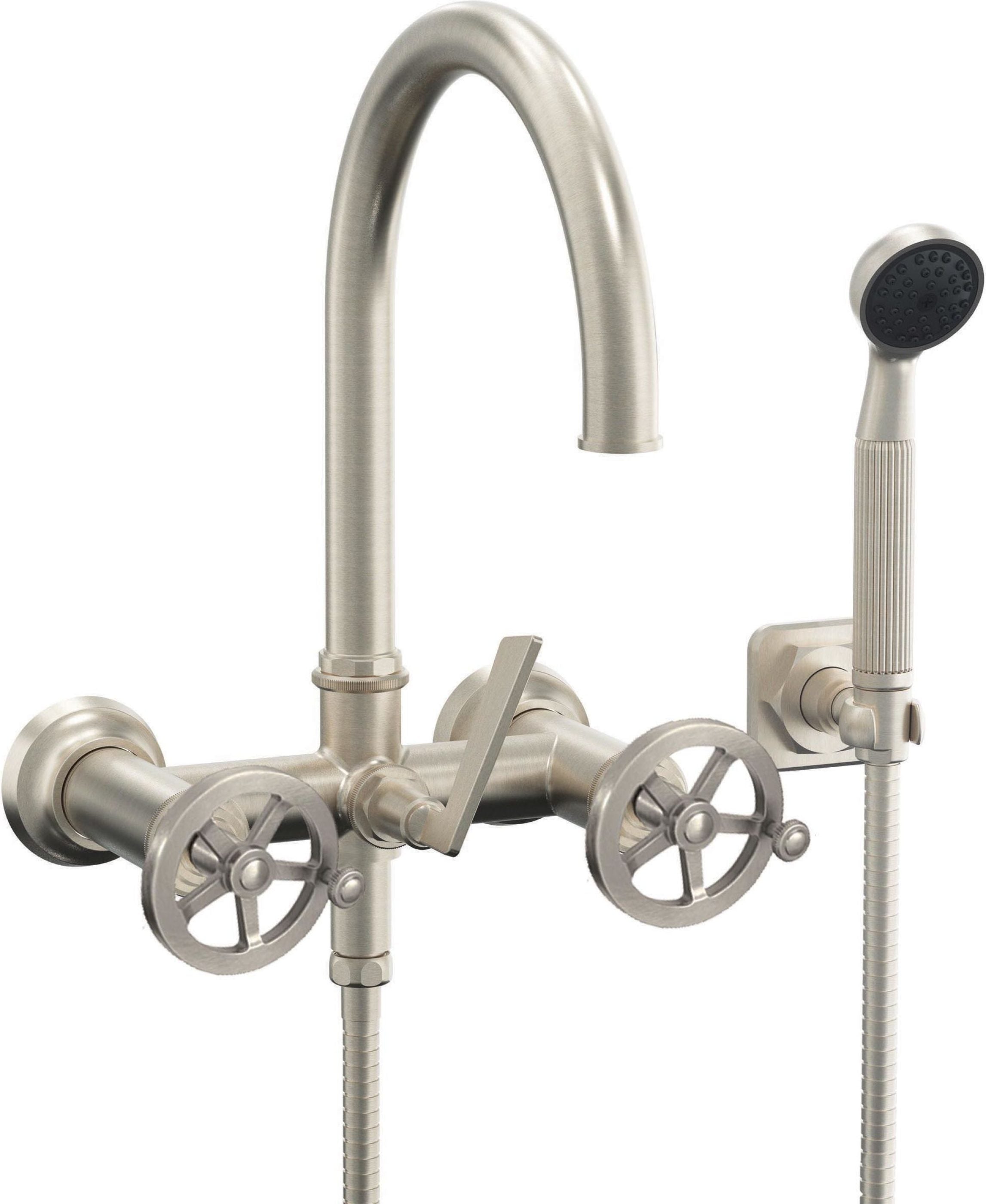 California Faucets - 8608W-ETW.18-SN - Wall Mount Tub Filler - Wheel Handles - Satin Nickel  - Steampunk Bay