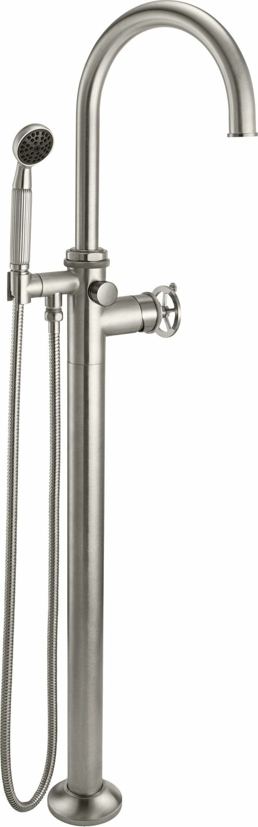 California Faucets - 8611W.20-SN - Single Hole Floor Mount Tub Filler- Wheel Handles - Satin Nickel  - Steampunk Bay