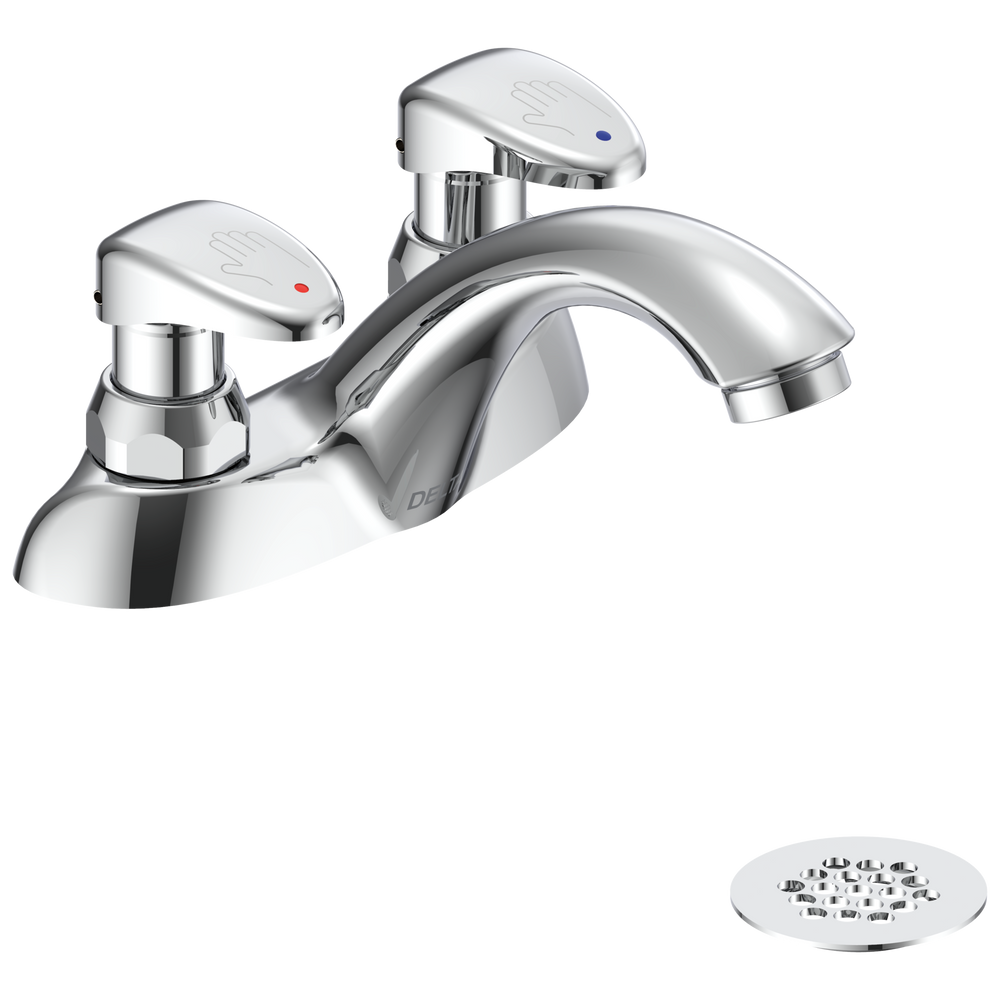 Commercial 86T: Two Handle Metering Slow-Close Centerset Bathroom Faucet