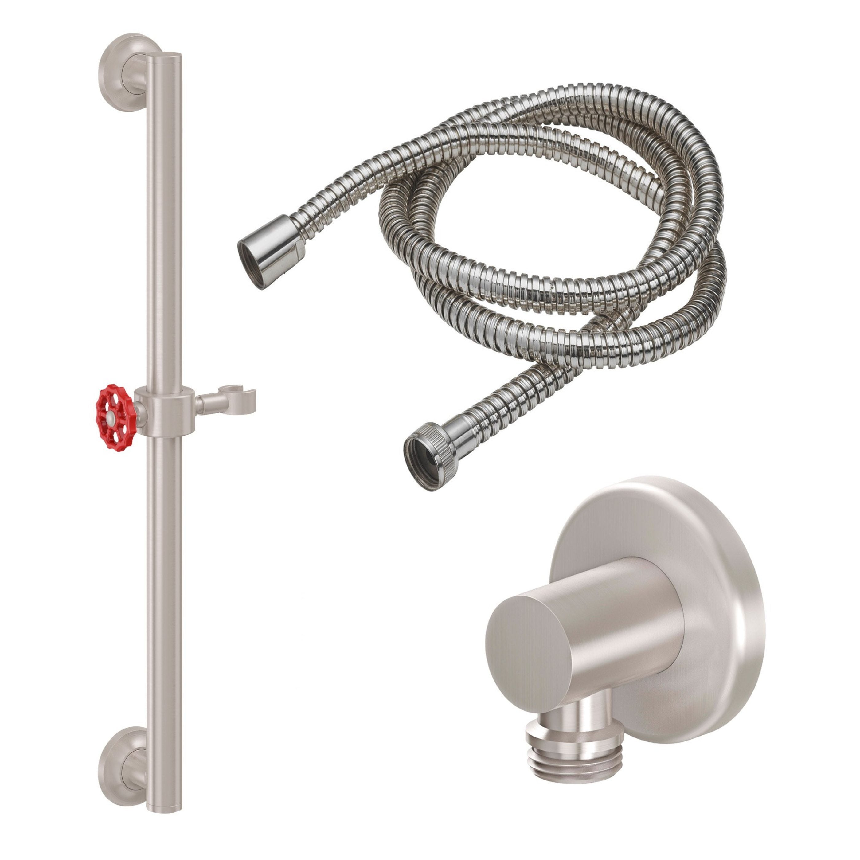 California Faucets - 9127-GB24-80WR-SN - 24" Grab Bar Handshower Kit - Red Wheel Handle with Concave Base - Satin Nickel  - Descanso Works