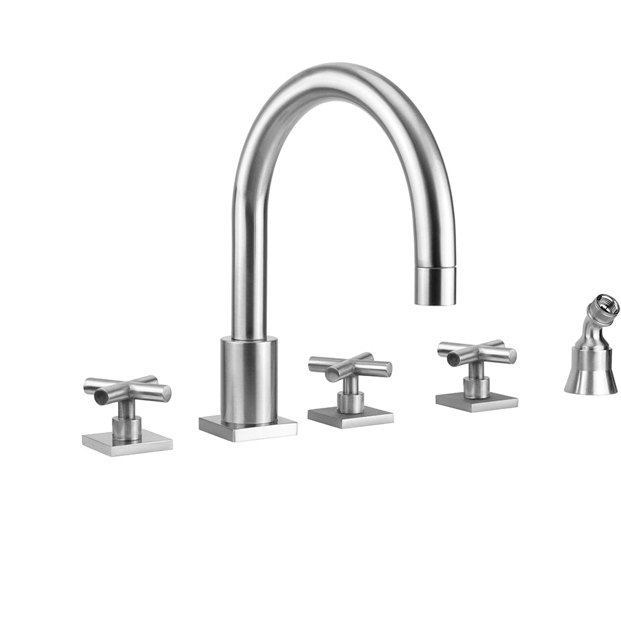 Contempo Uptown Roman Tub Set with Hub Base Cross Handles - Square Escutcheons and Angled Handshower Holder in Multiple Finishes