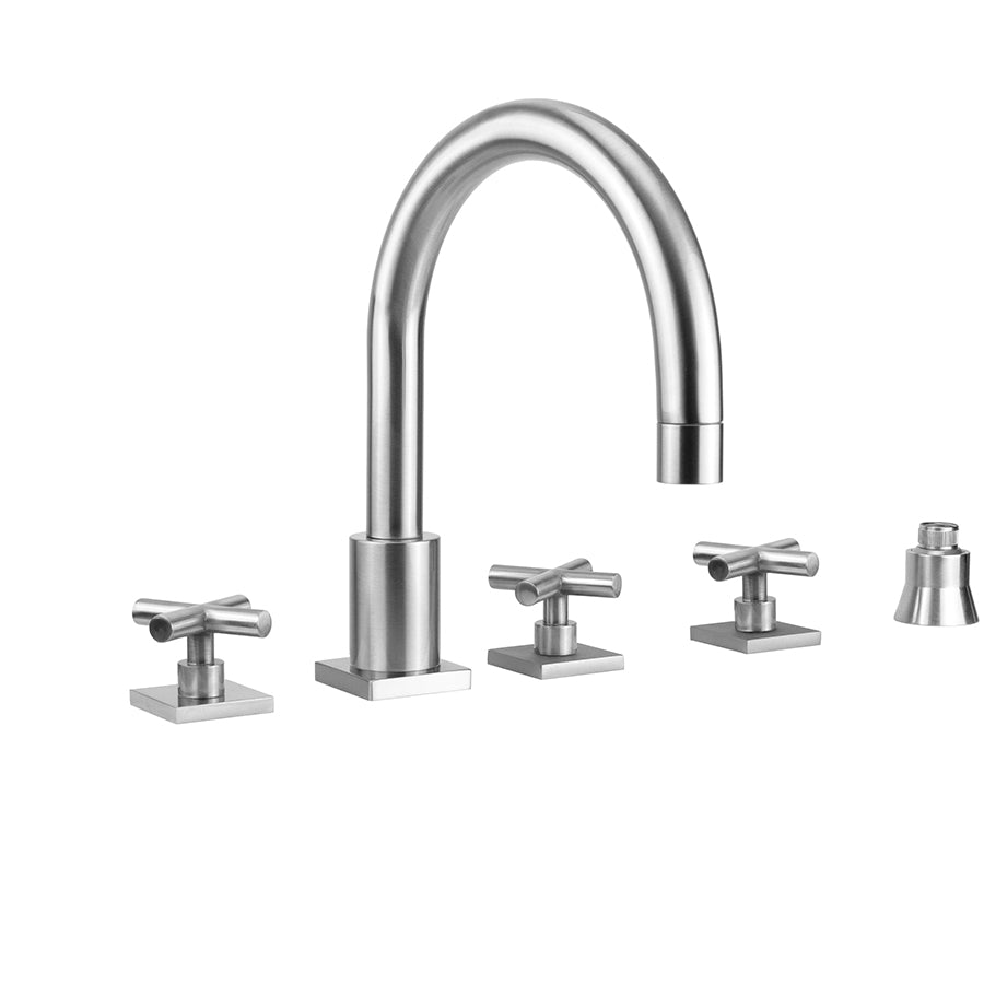 Contempo Uptown Roman Tub Set with Hub Base Cross Handles - Square Escutcheons and Straight Handshower Holder in Multiple Finishes